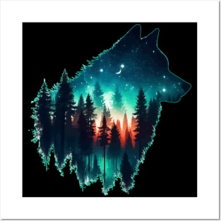 Wolf Silhouette Forest In Starry Night Posters and Art